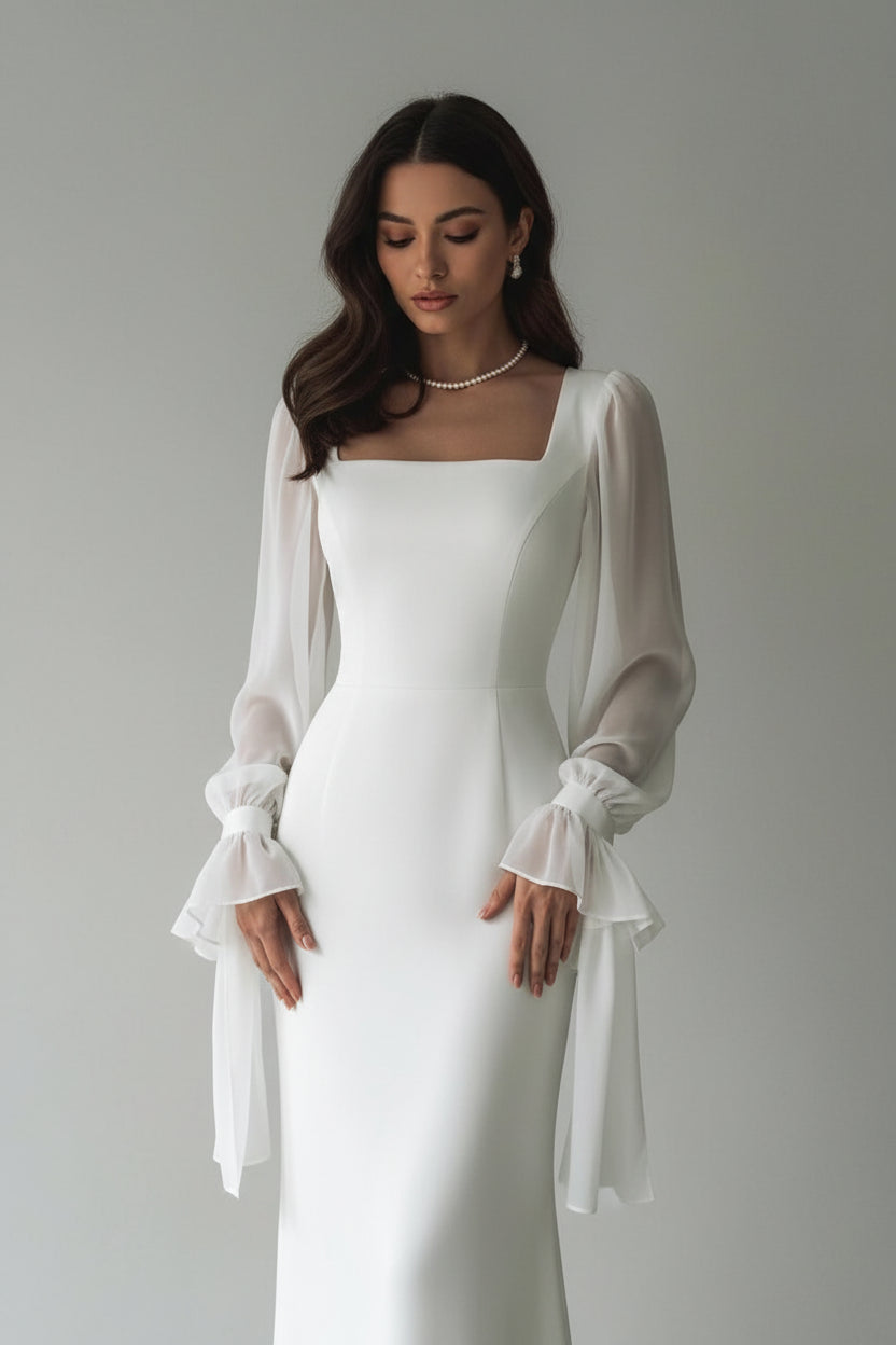 Witte Damesjurk met Vierkante Hals | Elegante Kantoorjurk | Lange Mouw