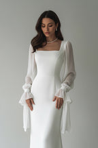 Witte Damesjurk met Vierkante Hals | Elegante Kantoorjurk | Lange Mouw