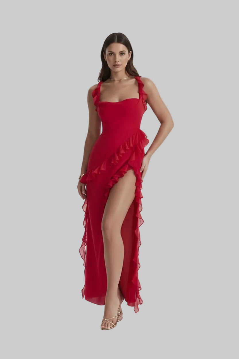 Elegante Lange Jurk met Hoge Split | Vierkante Hals | Ruches | Feestjurk Dames