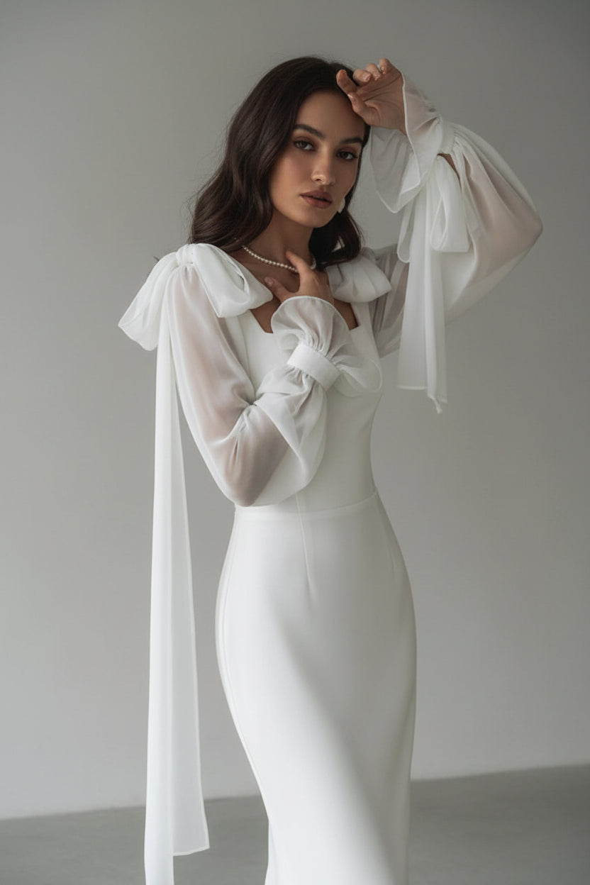Witte Damesjurk met Vierkante Hals | Elegante Kantoorjurk | Lange Mouw