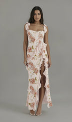 Elegante Lange Jurk met Hoge Split | Vierkante Hals | Ruches | Feestjurk Dames