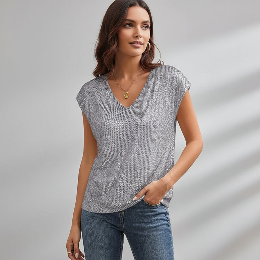 Pailletten Vestje | Glitter Feestblouse V-hals Korte Mouwen