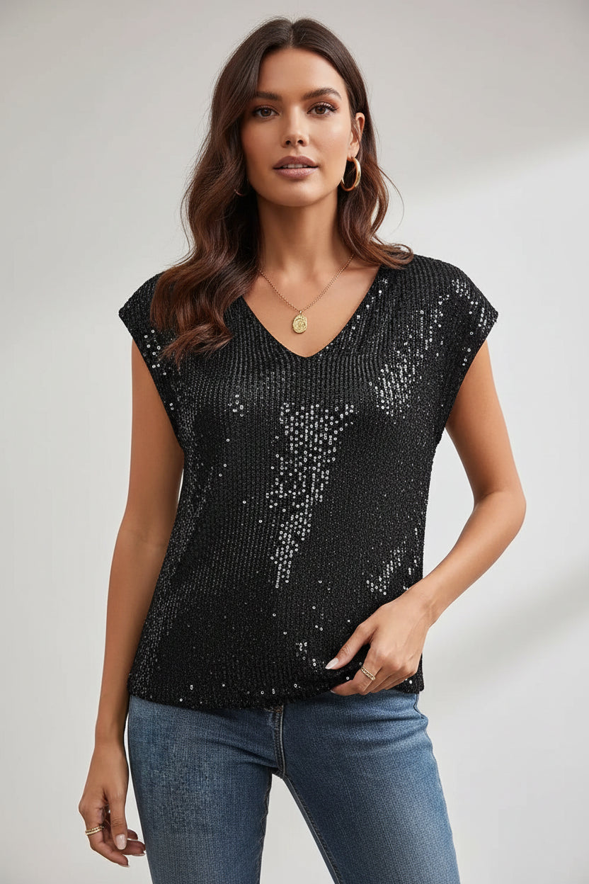 Pailletten Vestje | Glitter Feestblouse V-hals Korte Mouwen