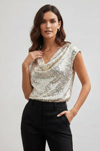 Pailletten Vestje | Glitter Feestblouse V-hals Korte Mouwen