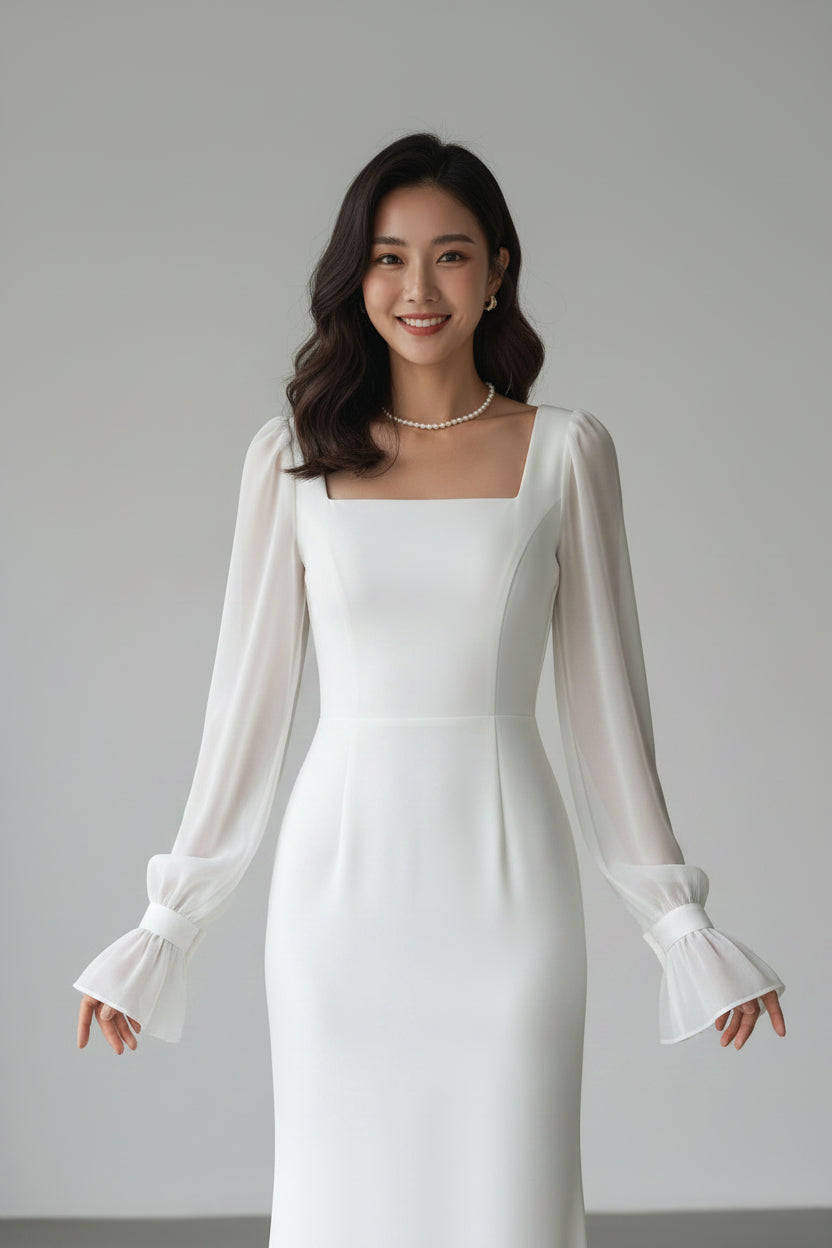 Witte Damesjurk met Vierkante Hals | Elegante Kantoorjurk | Lange Mouw