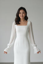 Witte Damesjurk met Vierkante Hals | Elegante Kantoorjurk | Lange Mouw