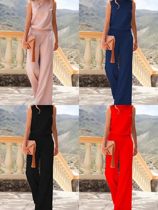 Jumpsuit Zomer – Mouwloos, Wijde Pijp | Apricot, Zwart, Blauw, Rood