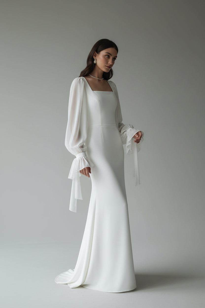 Witte Damesjurk met Vierkante Hals | Elegante Kantoorjurk | Lange Mouw