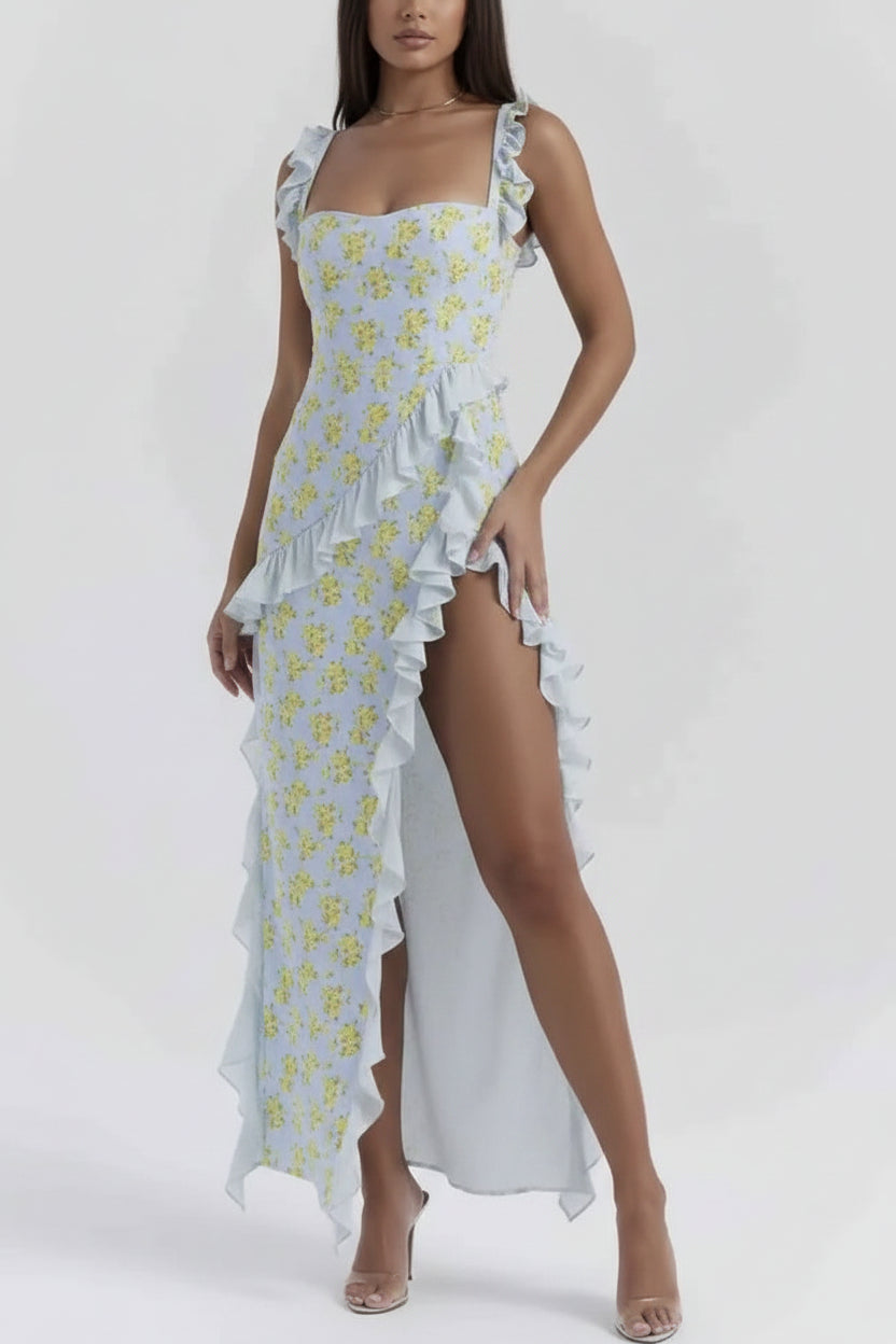 Elegante Lange Jurk met Hoge Split | Vierkante Hals | Ruches | Feestjurk Dames