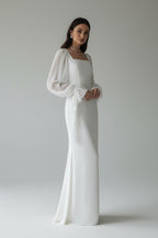 Witte Damesjurk met Vierkante Hals | Elegante Kantoorjurk | Lange Mouw
